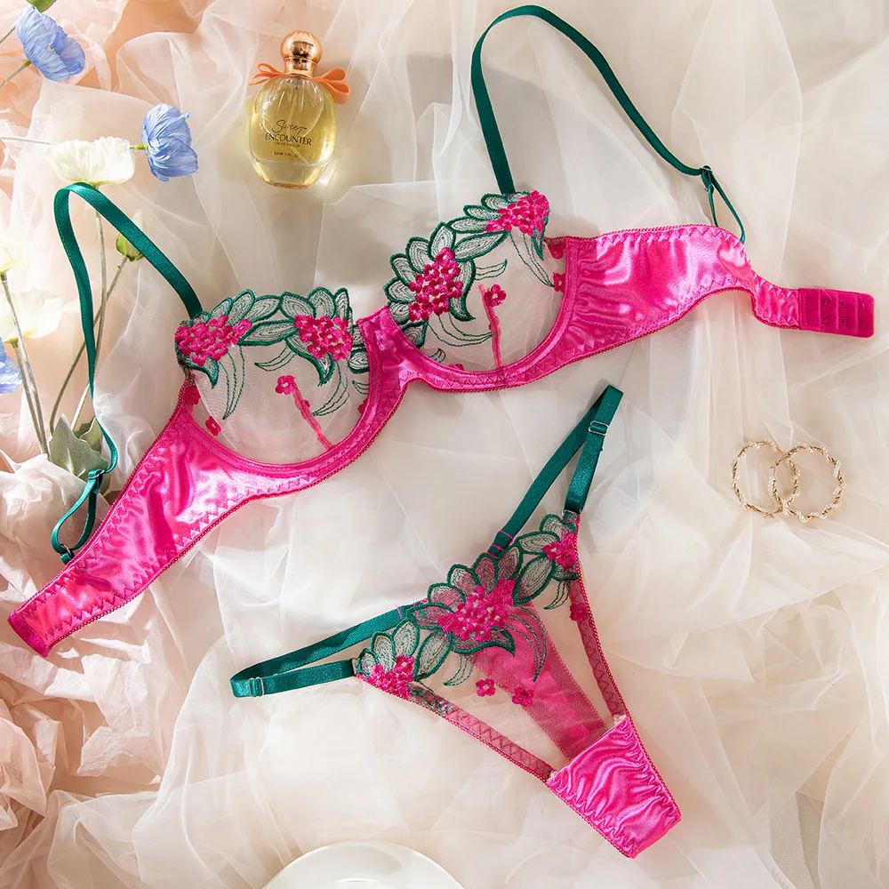 1 комплект нижнего белья с цветочной вышивкой полупрозрачный бюстгальтер без