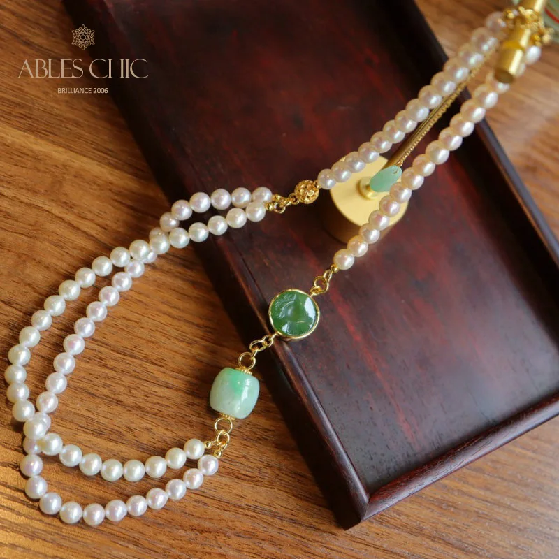 18K Gold Tone Sterling Silver Natural Freshwater Pearl Jade Agate Two Strand Necklace L1S2N31123
