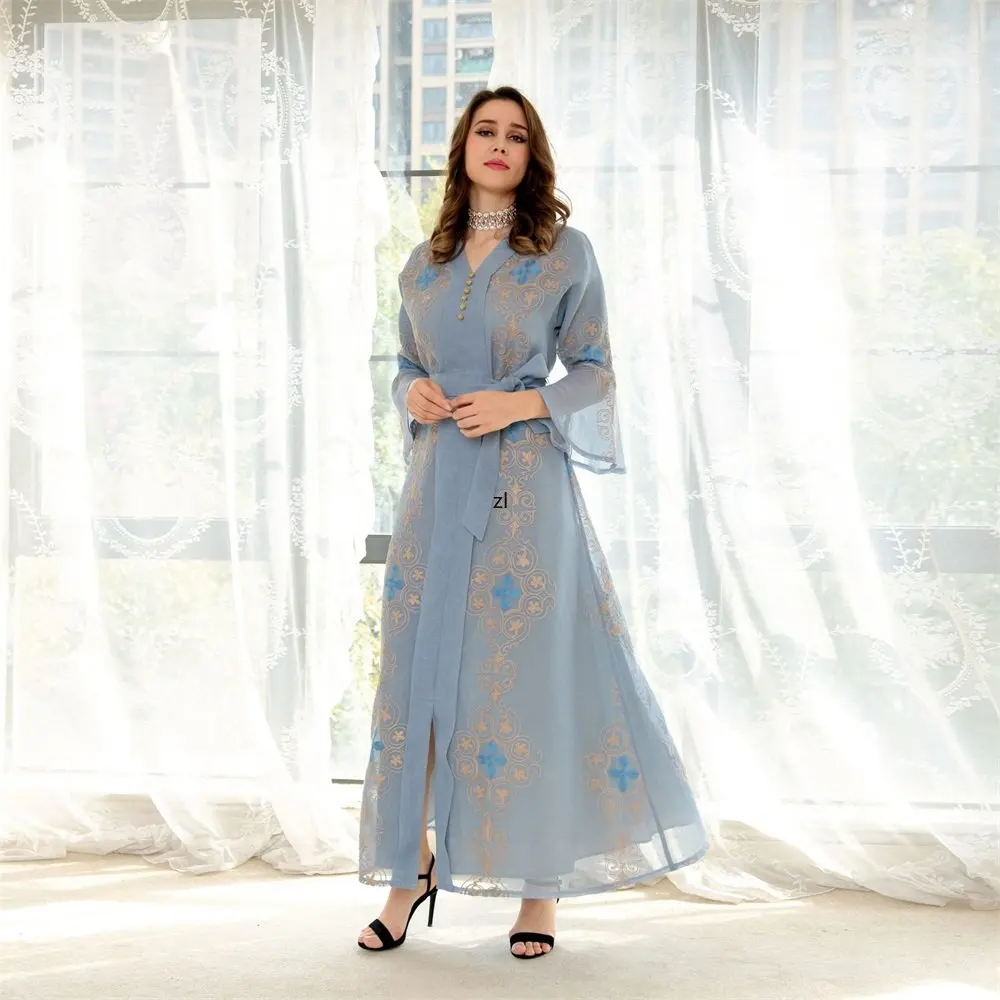 Kaftan Morocco Fashion 2022 Autumn Winter Embroidered Long Dress Muslim Abayat Casual Split Hem Ladies Dresses With Belt