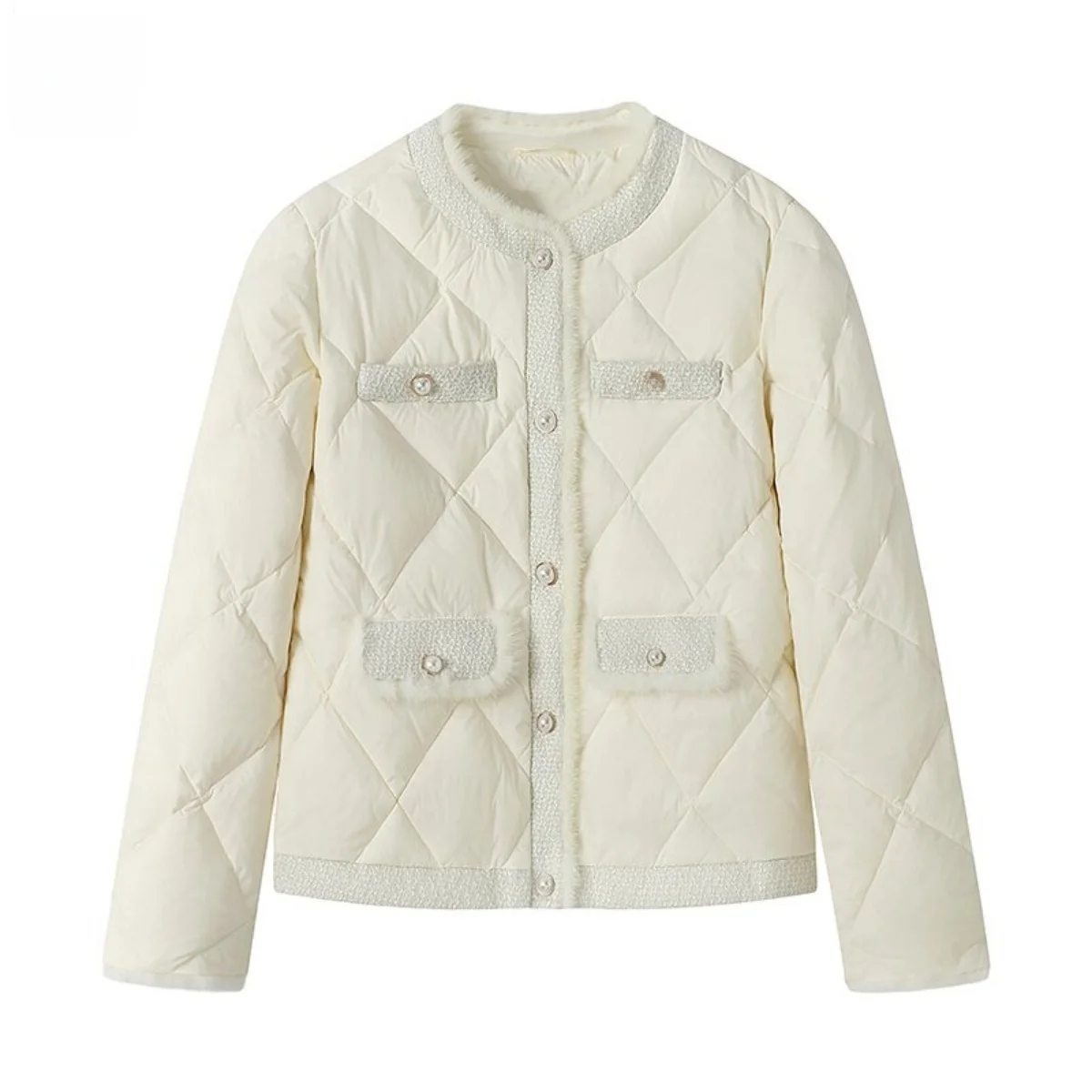 Женский короткий пуховик Aige изящный белый из меха норки с круглым вырезом зима 2023