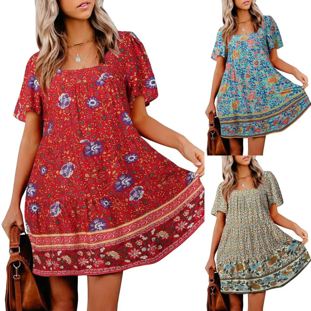 

Casual Summer Women Bohemia Floral Dress Square Collar Loose Short Sleeve Elegant Ladies Beach Mini Dresses For 2022 New