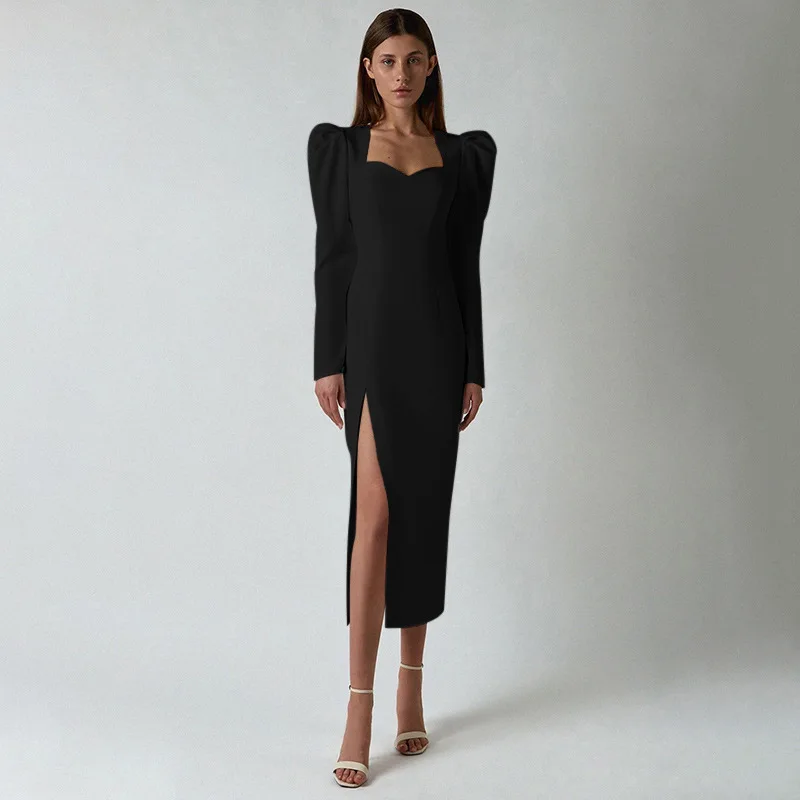 

Women Fashion High Waist Split Club Party Dress Chic Puff Long Sleeve Slim Fit Midi Dress Office Ladies Outfits Autumn Vestidos