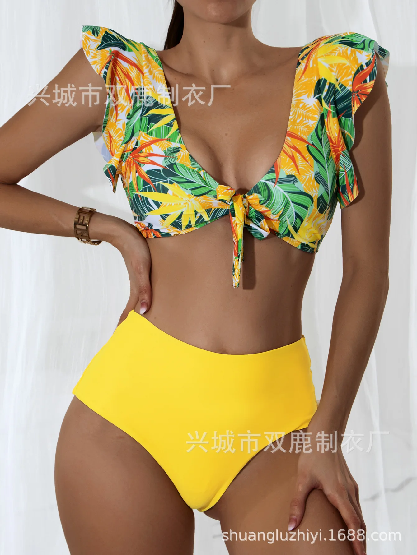 Floral Ruffled Hem Bikini Set Women  High-Waisted Two Piece Swimsuit  Girl Beach Bathing Suit Swimwear Biquinis