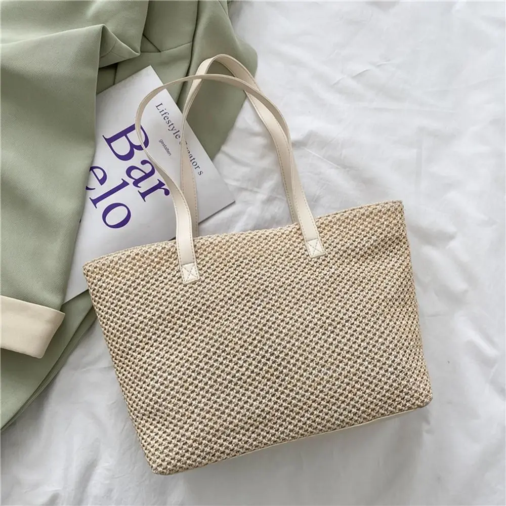 

Tote Bag Large Capacity Pu Leather Korean Bag Grocery Handbags Weave Shoulder Bag Beach Bag Women Handbag Straw Bag