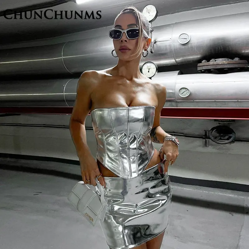 

Candy Bright PU Leather Vest Tank Top Sheath Wrap Buttock Skirt 2 Piece Set Women Outfit Club Midnight Summer Bust Dress Suit