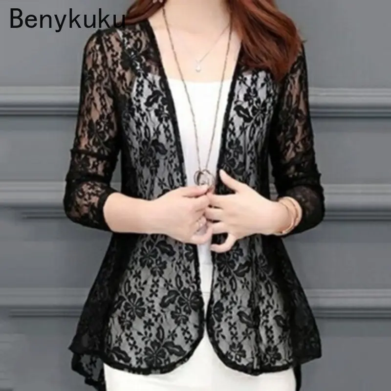 

Women Summer Casual Long Sleeve Shirt Coat 2023 Hollow Cardigan Sunproof Blouse Boho Tops Beach Lace Chiffon Sunscreen Outwear