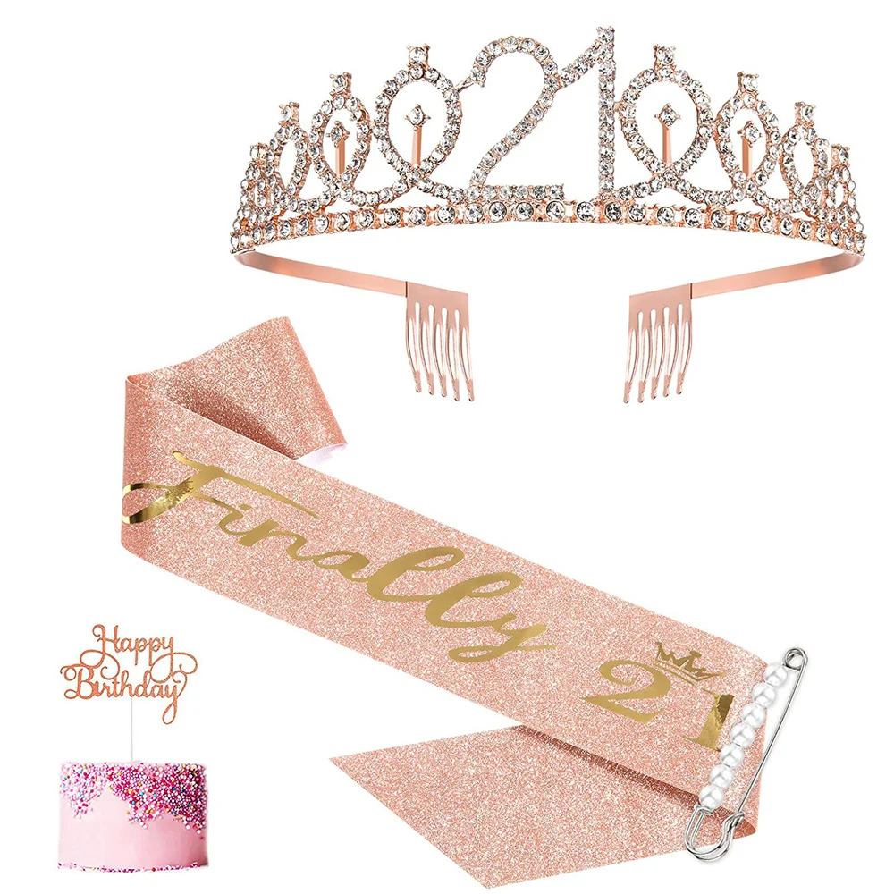 

Rose Gold Finally 21 Birthday Sash Tiara Crown Headband Set for Girls Happy 21st Birthday Party Decoration Supplies Favor Gifts