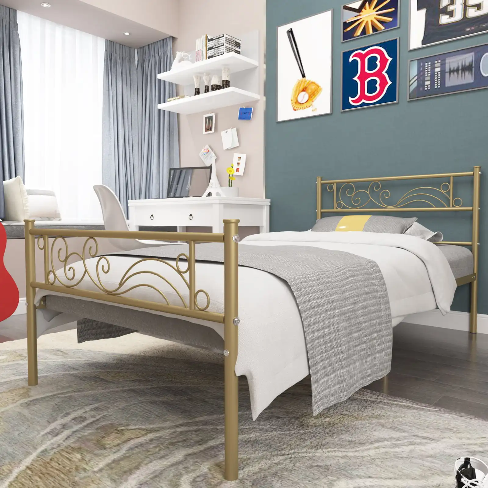 

Роскошная позолоченная металлическая платформа для кровати, двойная постельная рама с изголовьем и подножкой, детская мебель для спальни