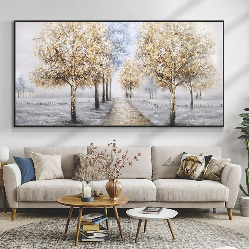 

Forest Scenery Golden Acrylic Birch Trees Canvas Picture Decoration Oil Painting Hand Painted Abstract Wall Decor Art Crafts