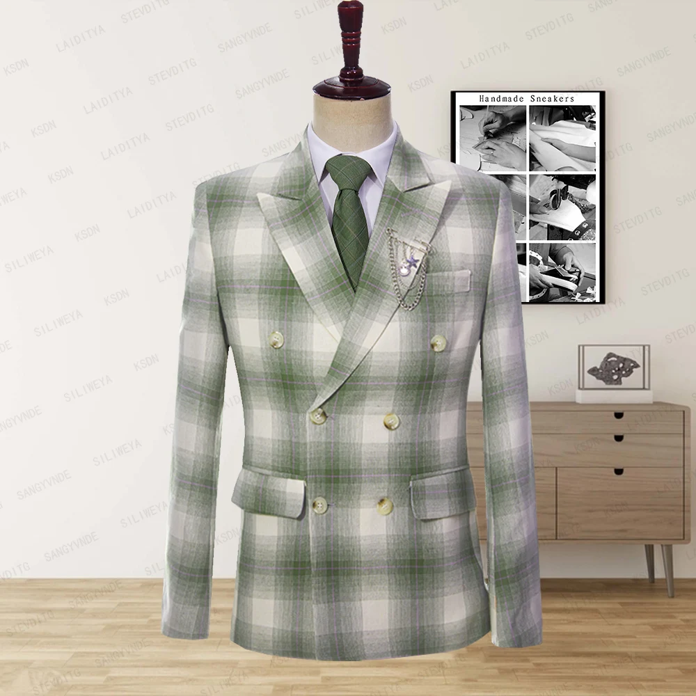 2023 New Men's Set Green Stripe Peak Edge Lapel Double Breasted Men's Jacket Casual Loose Wedding Casual Party Slim Fit
