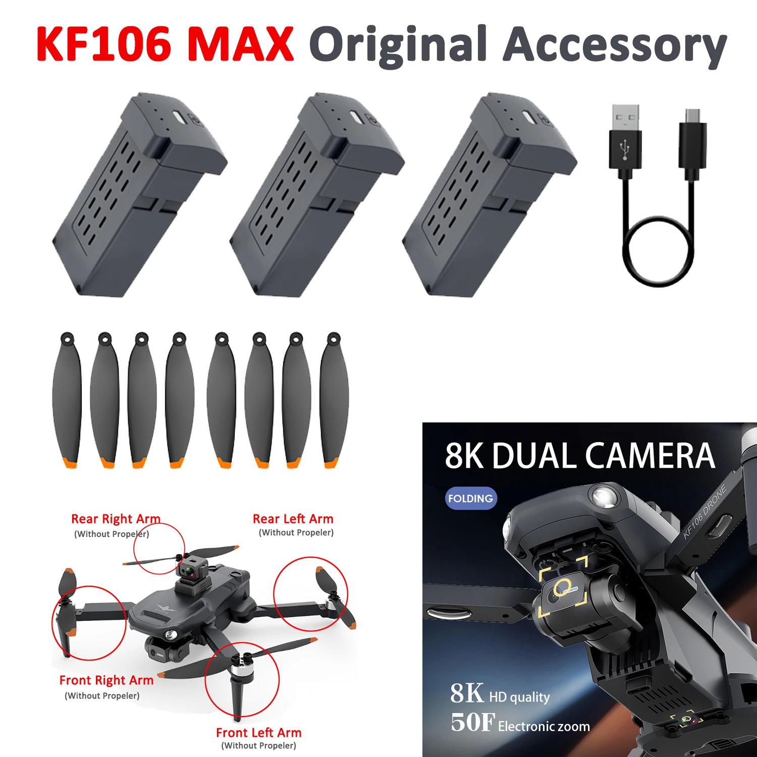 

Автомобильный Дрон KF106 Max, оригинальный аксессуар, лопасть из кленового листа, зарядное устройство USB, передний и задний рычаг с бесщеточным ...