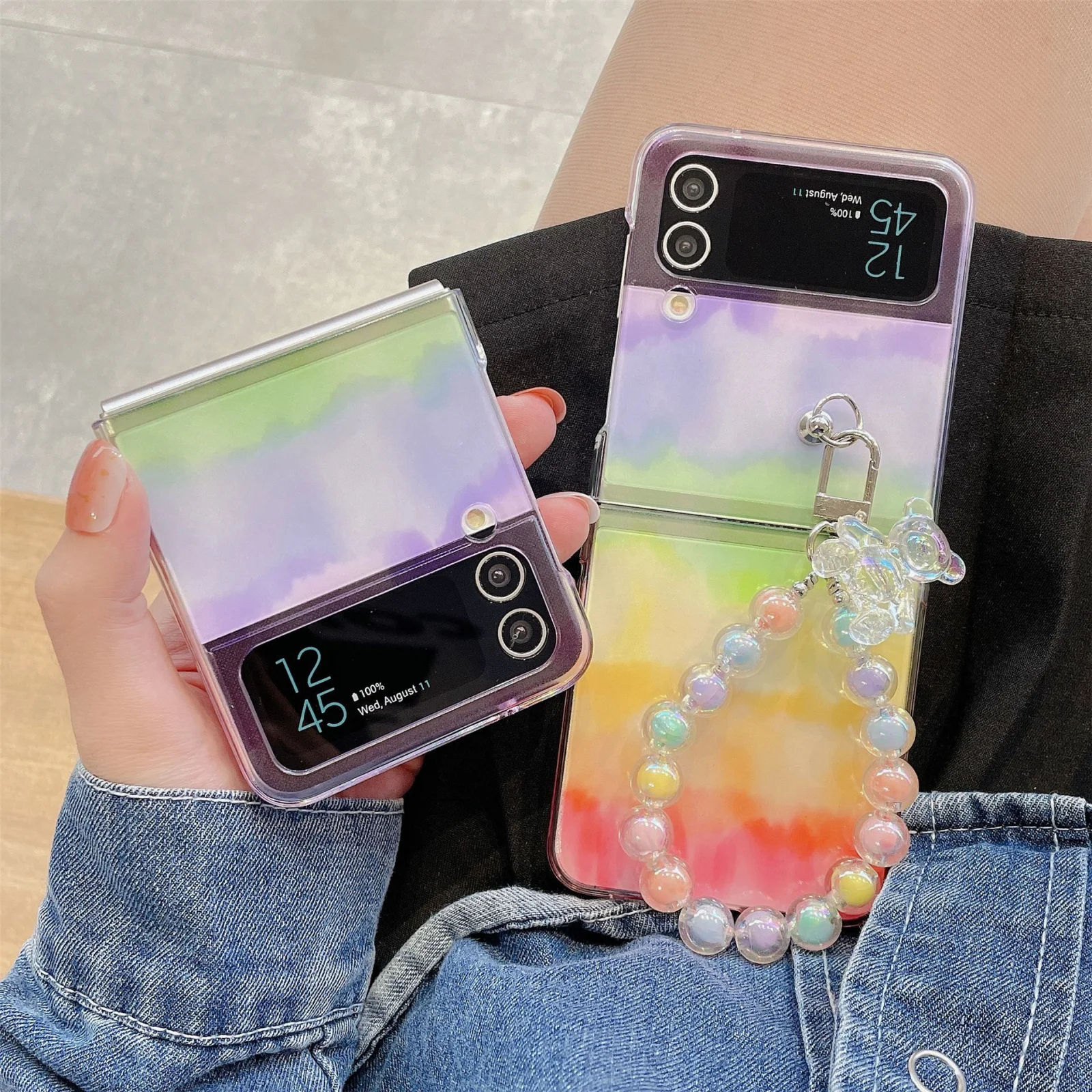

For Samsung Galaxy Z Flip 3 4 5G Hard Clear Gradient Case with Wrist Lanyard Rainbow Case Thin Slim Shockproof Cover for Z Flip4