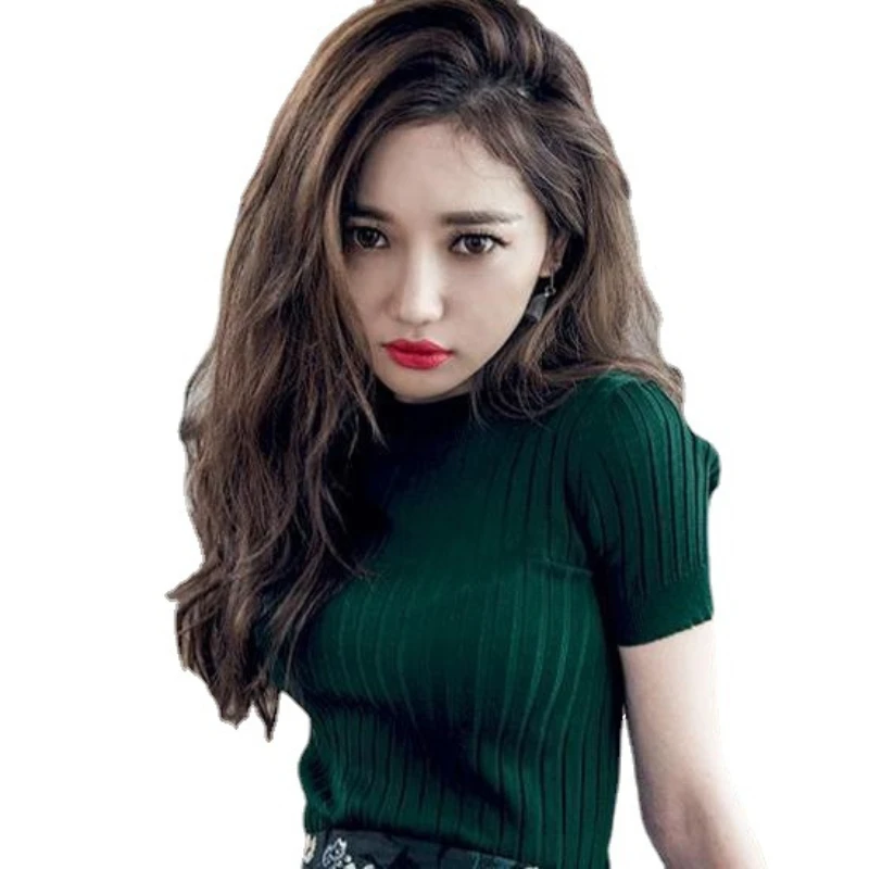 

2022 Spring and Summer New Half Turtleneck Slim Short-sleeved Sweater Women's Thin Pullover Tight Solid Color Bottoming Top