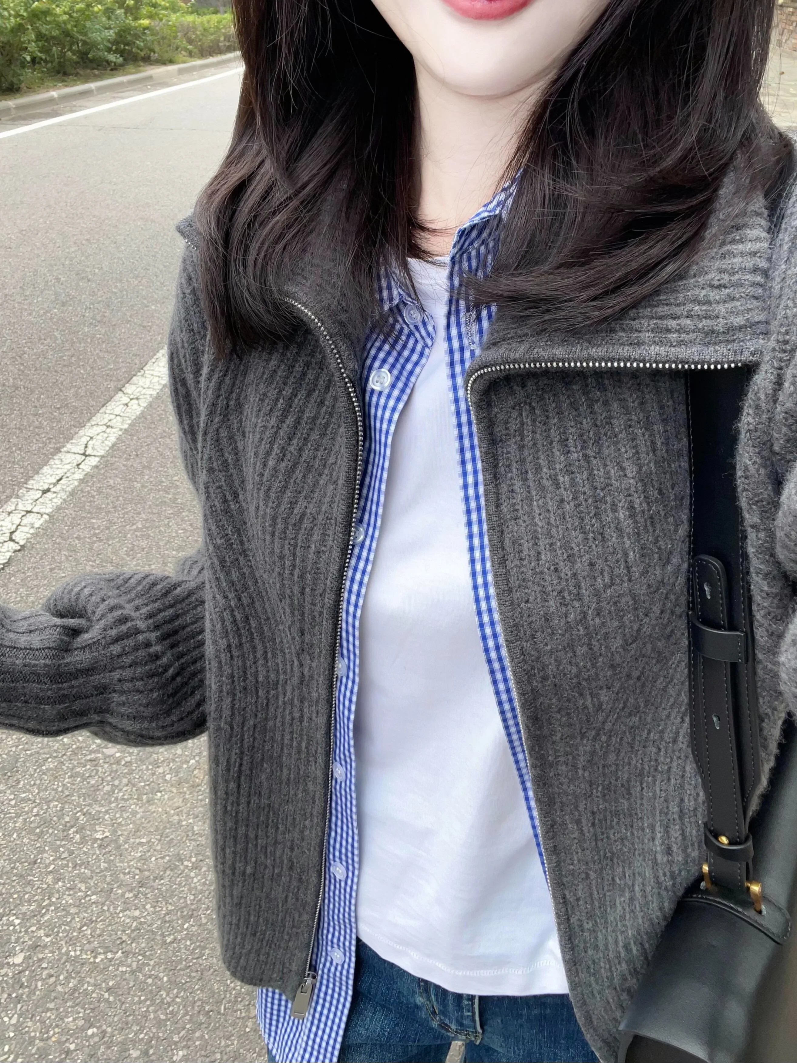 Gray Lapel Zip-up Knit cardigan Outerwear Women Autumn and Winter Long sleeve High-Grade Sense Outer Wear Loose Slimming Lazy... |