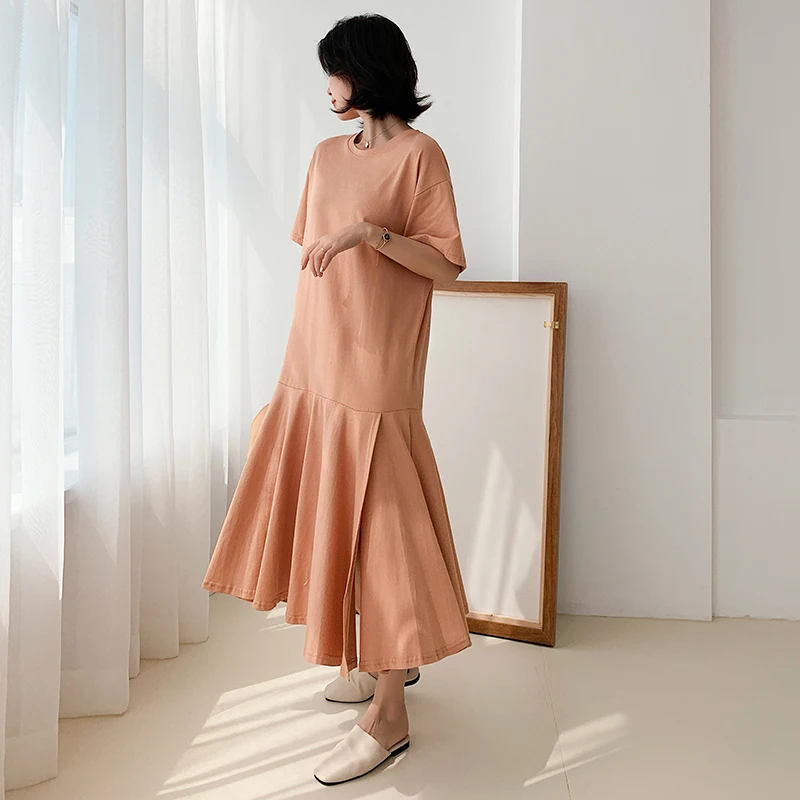 

Женское платье-рубашка с коротким рукавом, повседневное свободное однотонное платье составного кроя большого размера в Корейском стиле, лето 2023