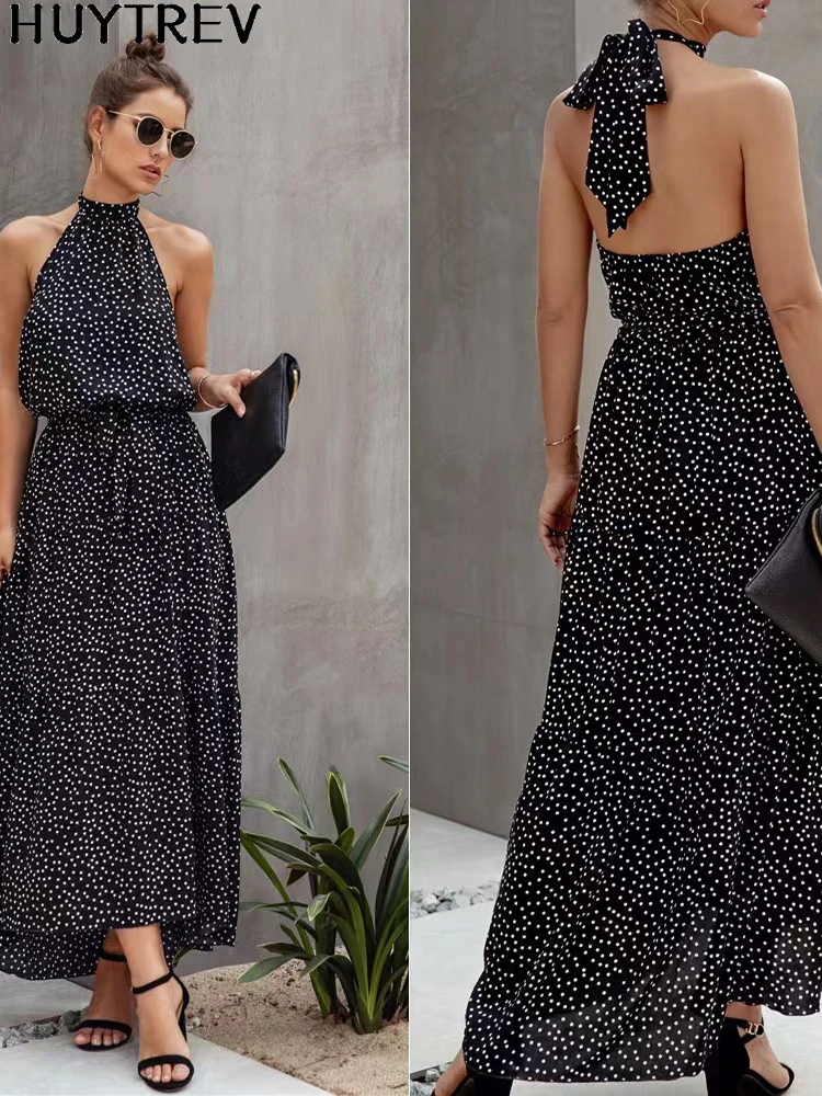 

Fashion Dot Print Maxi Dress For Women Summer Sexy Backless Halter Lace Up Irregular Long Dresses Women's Elegant Ladies Robe