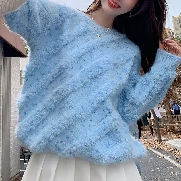 

Женский свитер с длинным рукавом, однотонный свободный утепленный пуловер в Корейском стиле, модель S135 на осень и зиму, 2022