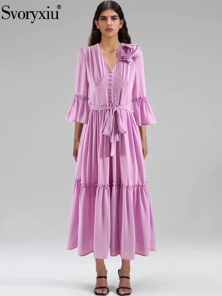 

Svoryxiu Spring Summer Violet Color Gorgeous Long Dress Women's V-Neck Appliques Button Belt Flounces Sleeve Big Swing Dress