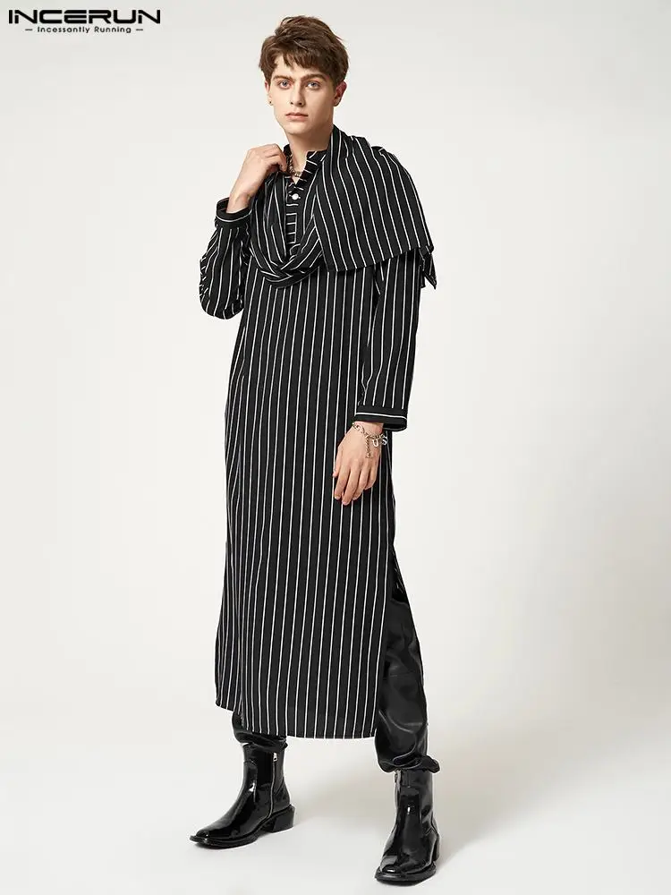 

Handsome Men's Long Robe INCERUN Wrapped Striped Jubba Thobe Muslim Style Male Ring Leader Pendulum Fork Kaftan Robe S-5XL 2022