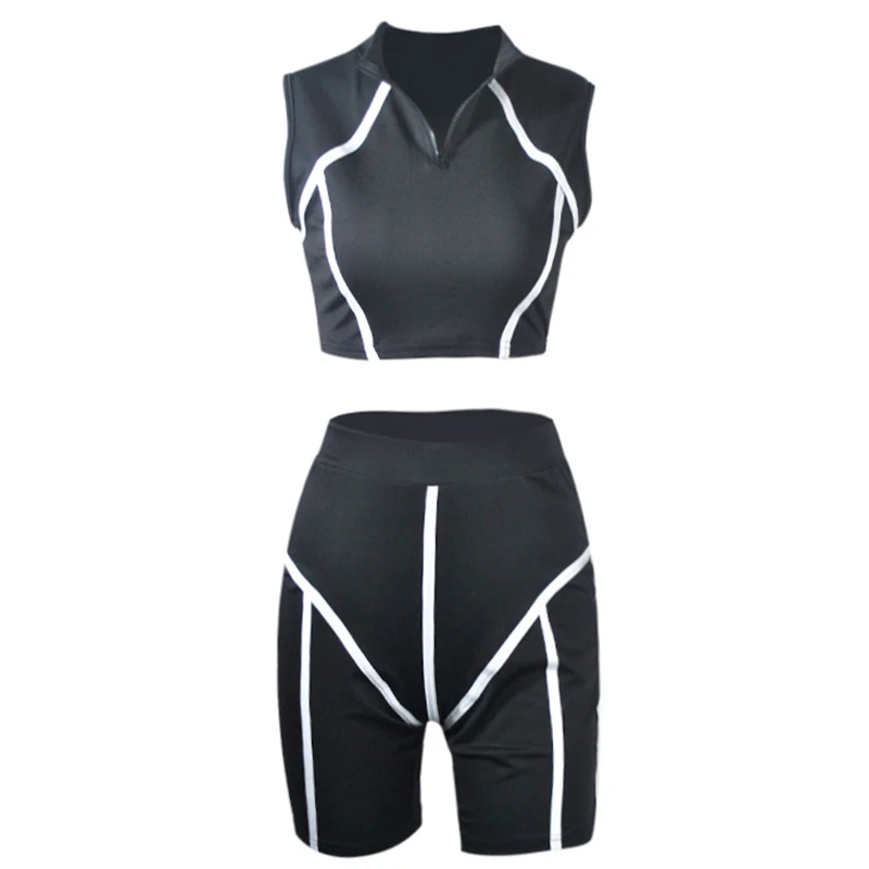 

Women Sets Summer Tracksuits Fitness Sleeveless V-Neck Tops+Shorts Suit Two Piece Set 2 Pcs Outfits Black XXL