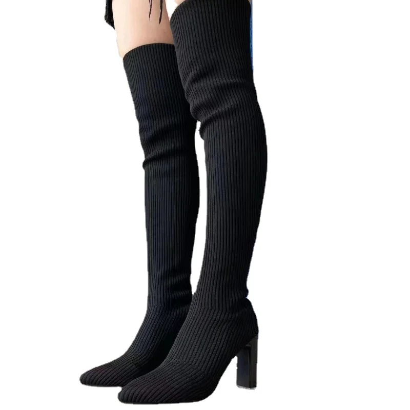 

Женские сапоги выше колена, с острым носком, на массивном каблуке, женские высокие сапоги, женские сапоги из стрейчевой шерсти