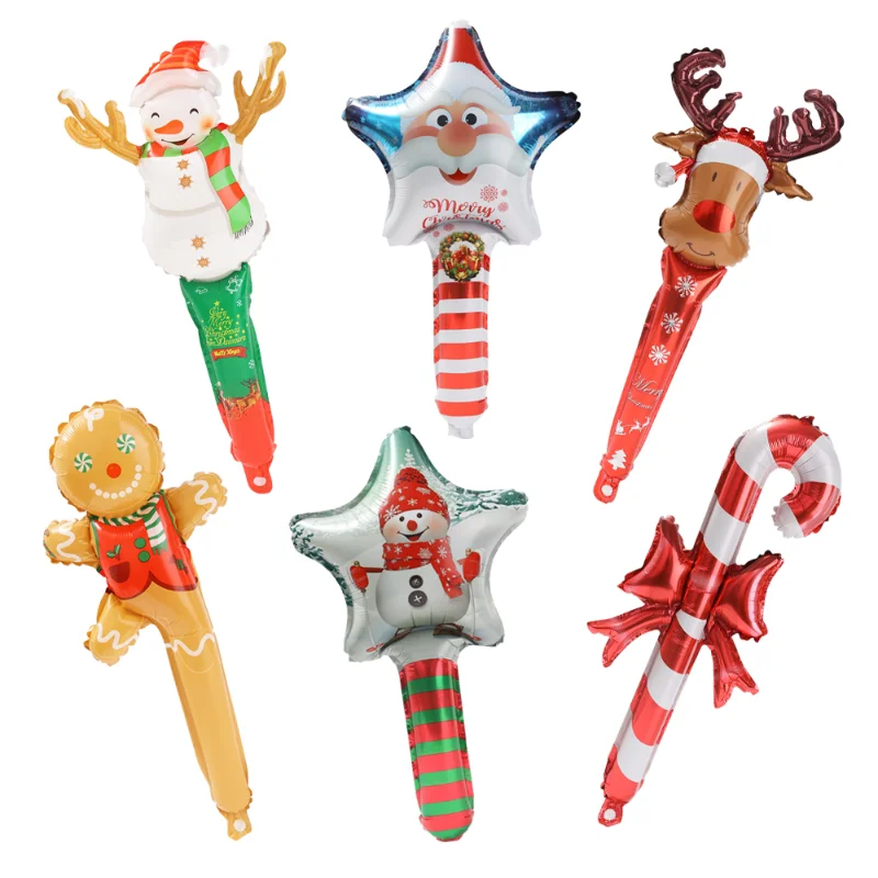 

24 Inch Christmas Inflatable Stick Cane Candy Elk Head Gingerbread Man Snowman Holding Balloons New Year Party Supplies