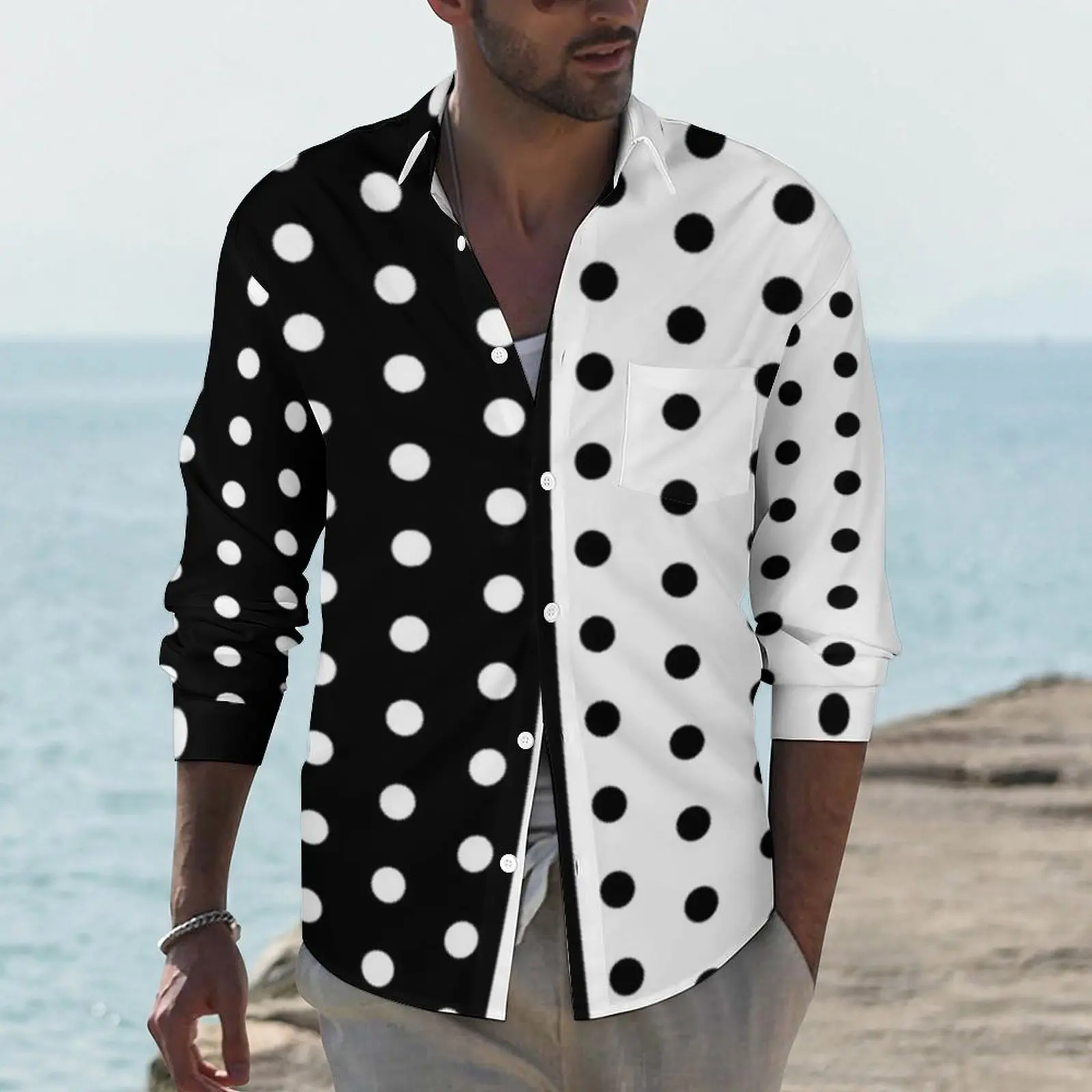 

Retro Two Tone Casual Shirts Man Black And White Spotted Shirt Long Sleeve Cool Aesthetic Blouses Autumn Print Clothes Plus Size