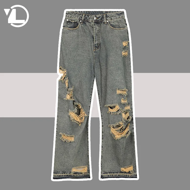 

Retro Hole Jeans Men Hip Hop Streetwear Summer Casual Straight Denim Pants Mens Vintage Fashion Personality Ripped Jean Trousers