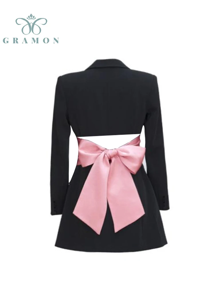 

Retro Autumn Dresses For Women 2022 Elegant Long Sleeves V-neck Tunic Blazer Dress Female Fashion Streetwear Bow Design Clothing