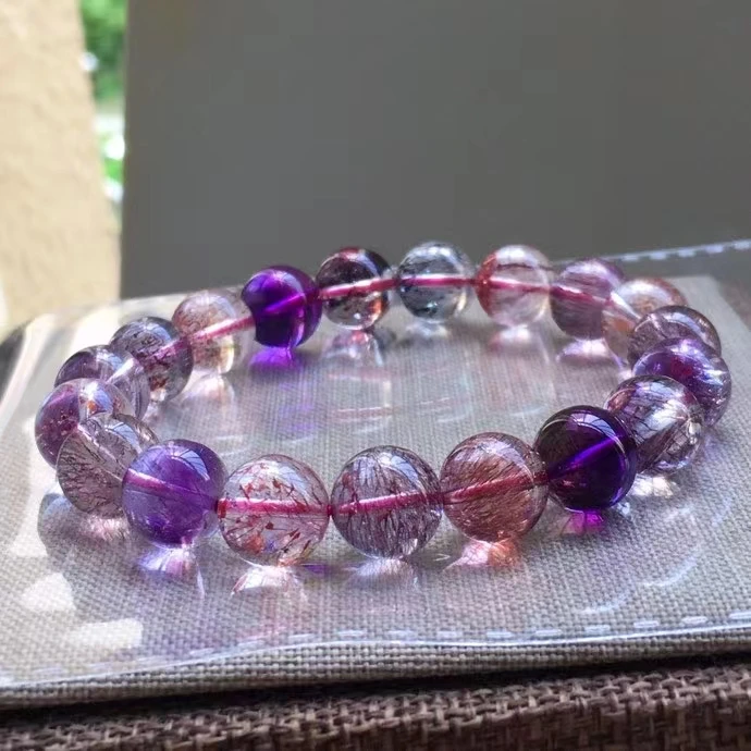 

Natural Purple Super 7 Seven Red Lepidocrocite Quartz Bracelet 10.5mm Woman Men Rutilated Quartz Clear Beads AAAAAAA