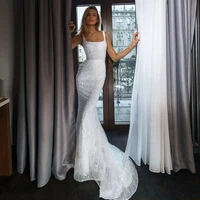 Modern Square Neck Wedding Dress Boho Sleeveless Sparkly Sequin Lace Mermaid Bridal Gown Custom Corset Sweep Train Vestido Noche