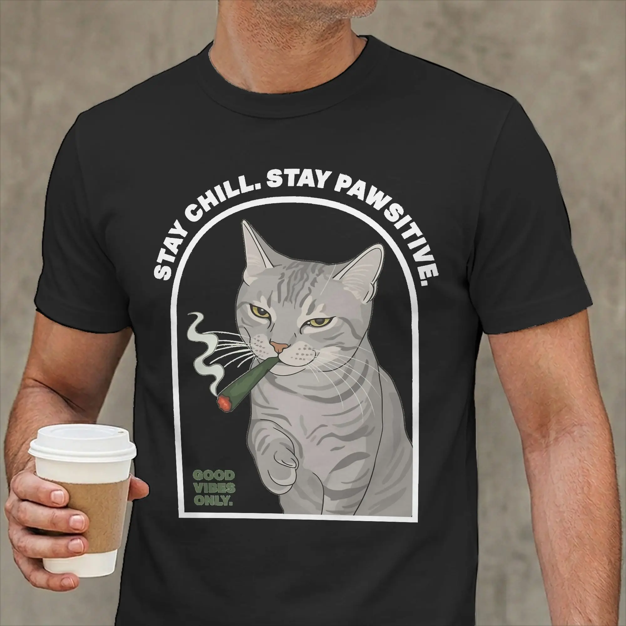 Фото Футболки с принтом Cat Smoking Stay Chill Stay Positive, мужские винтажные футболки из чистого хлопка, футболки с круглым вырезом, топы с короткими рукавами, летние топы №1