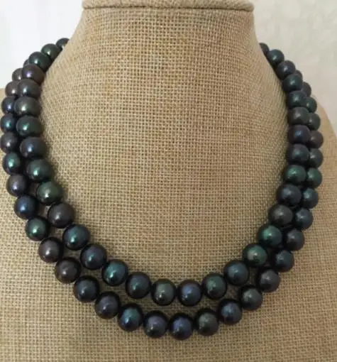 

double strands 8-9mm tahitian round black green pearl necklace 17-18"