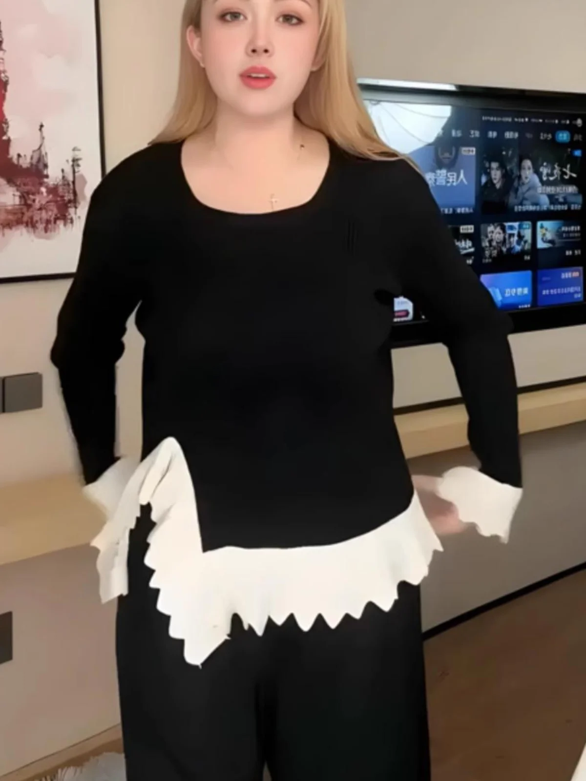 Plus size women clothing Irregular Square Collar Long sleeve Knit Autumn Chubby Girl Design Chic Slimming Meat Covering...