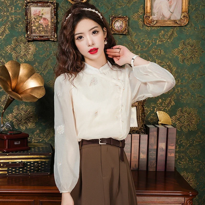 New Long Sleeve Stand Collar Women Blouse Embroidery Shirt Tops Blouses Shirts Blusas Para Mujer Camisas Blusa M677