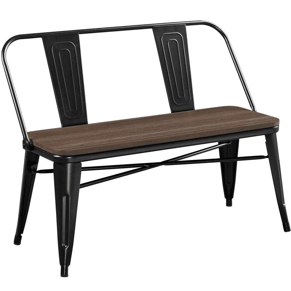 Industrial Metal Dining Bench with Wooden Top for Patio Kitchen Garden, Black