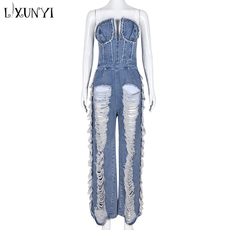 

Комбинезон LXUNYI женский джинсовый, Модный рваный пикантный комбинезон с кисточками и дырками, без рукавов, с открытой спиной, на лето