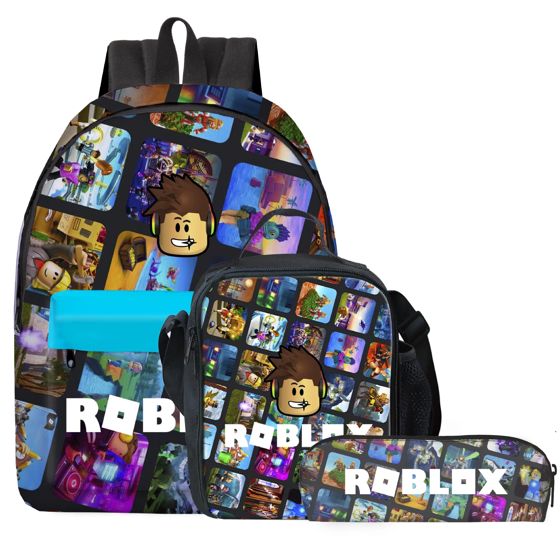 

Набор из трех предметов, школьный рюкзак ROBLOX с мультипликационным рисунком и прилегающим к нему двухмерным рисунком, Детская сумка для хранения карандашей, сумка для ланча