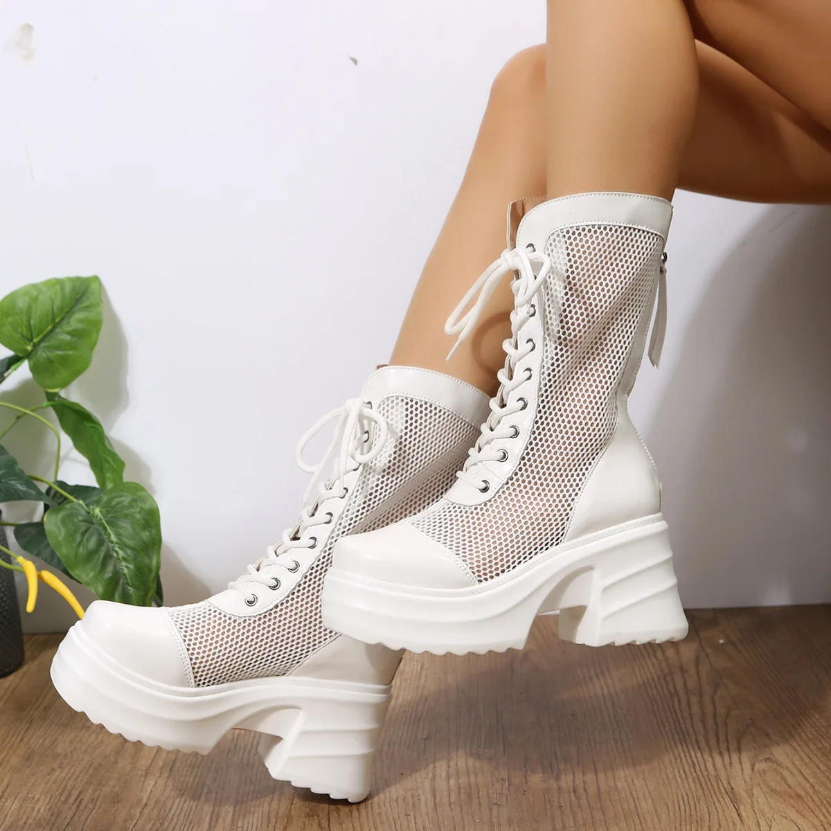 2023 Summer Heightened Breathable Mesh Boots Shoes High Mid-Calf Boots Women Brown Long Boots Thick-soled Short Boots