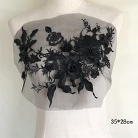 1pcs black 3d flower embroidery sequin patch beaded applique mesh net fabrics sewing wedding dress clothes african lace diy