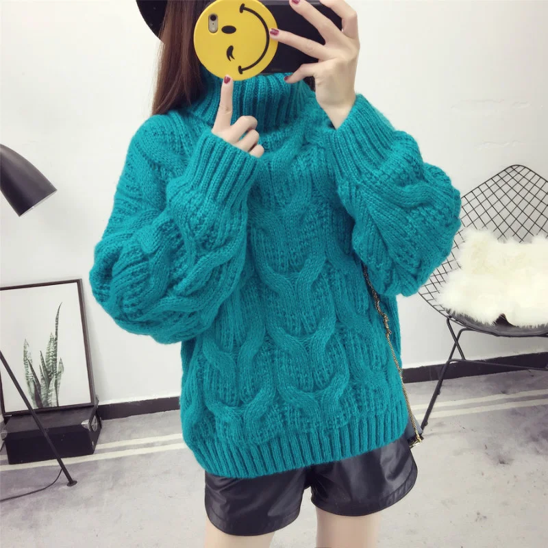 

Warm Winter Thick High Collar Knitted Sweater Pullover Women Coarse Yarn 4 Color Loose Turtleneck Long Sleeve Knit Tops Female