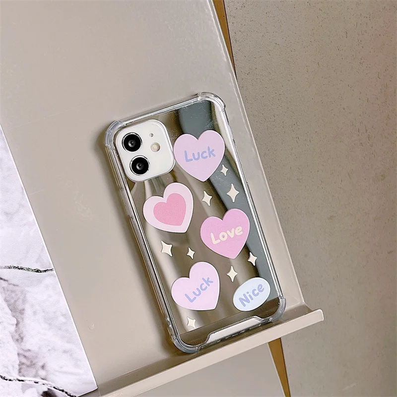 

For iphone 11 12 13 Mini Pro Max XR Xs Max 7 8 Plus Phone Case Full Edge Anti-fall Fashion Mirror Makeup Luck Pink Heart Cover
