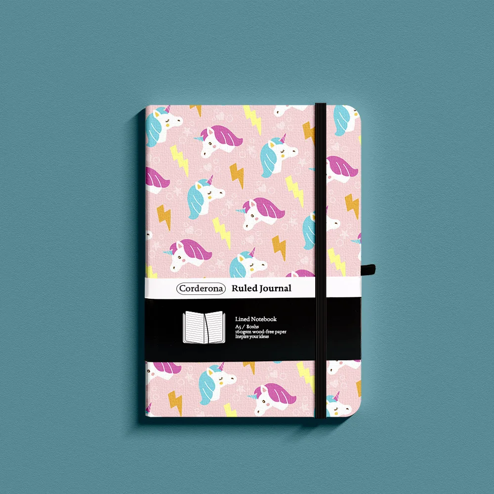 Pink Unicorn  Lined Notebook 100gsm Elastic Band Pen Loop Back Pocket A5 Hard Cover Ruled Journal