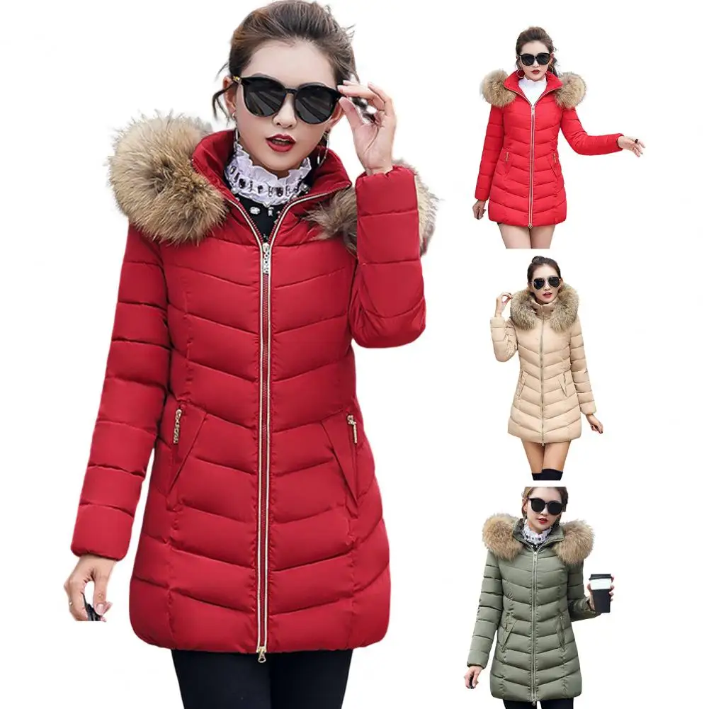 Winter Cotton Coat Solid Color Furry Hat Edge Zipper Mid Length Thicken Cold-proof Padded Long Sleeves Winter Coat for Daily Wea
