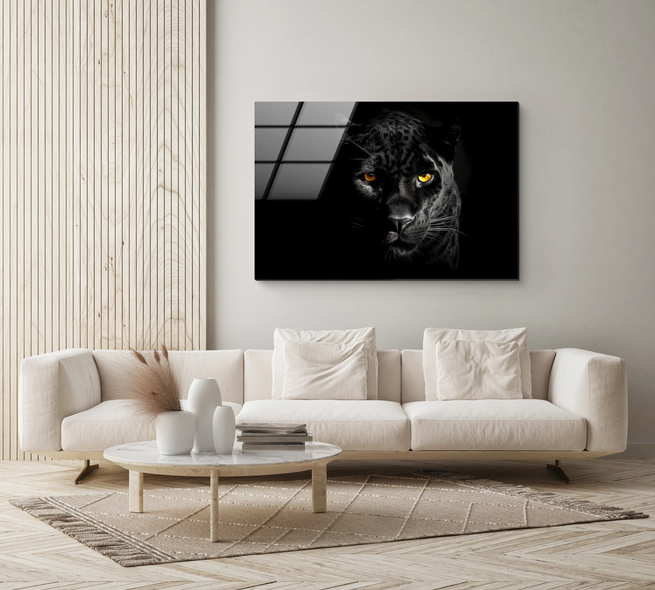 

90X60cm Modern Minimalist Frameless Tempered Glass Art Bedroom Living Room Sofa Backrest Wall Black Leopard Decorative Painting