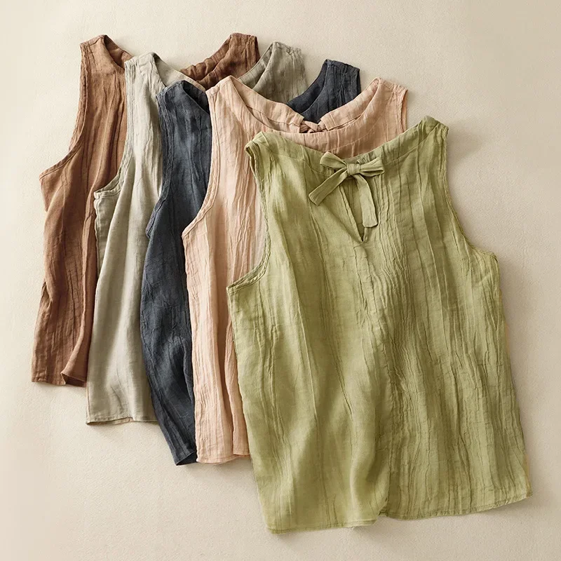 Летняя свободная женская плиссированная майка в стиле ретро хлопково-льняная