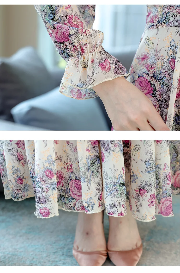 Muslim Spring Autumn Floral Chiffon Ruffled Collar Maxi Dress Women Chic Casual Beach Dresses 2023  muslim long dress women