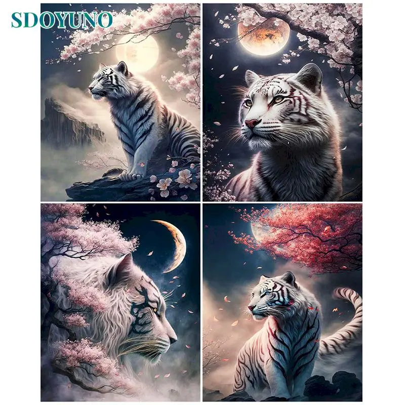 

SDOYUNO Paint By Numbers Tiger Moon Painting By Number Kits Home Decor Tree Night Landscape Wall Art Picture Framed On Canvas Di