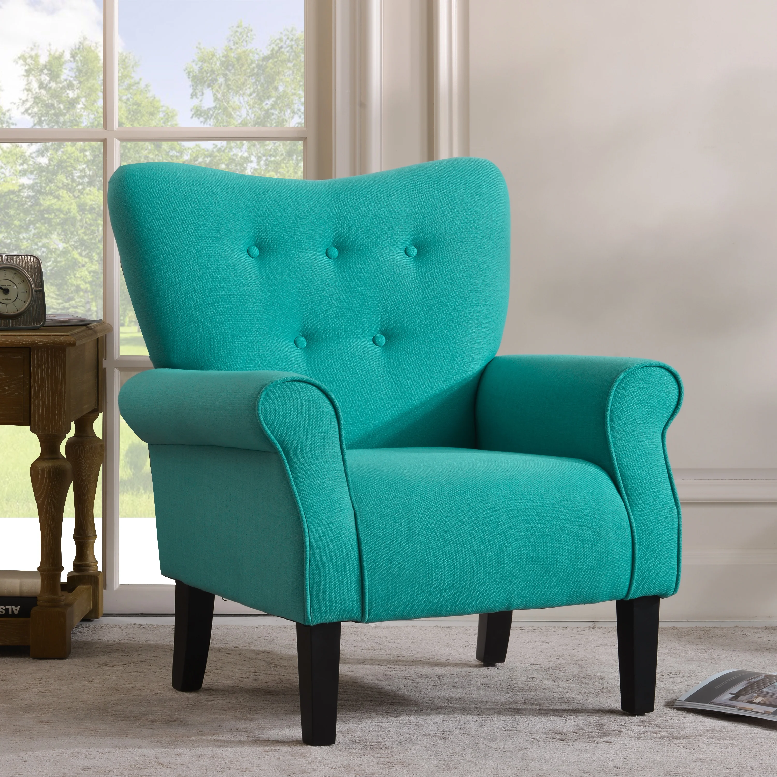 

Modern Wing Back Accent Chair Roll Arm Living Room Cushion with Wooden Legs,Mallard Teal