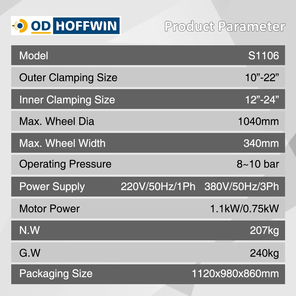 Автоматический шиномонтажный станок OD-HOFFWIN S1106 для легковых автомобилей, профессиональная машина для снятия и установки шин, подходит для колес с диаметром до 24 дюймов. (art.: 3920da55ffa27) - 3920da55ffa27